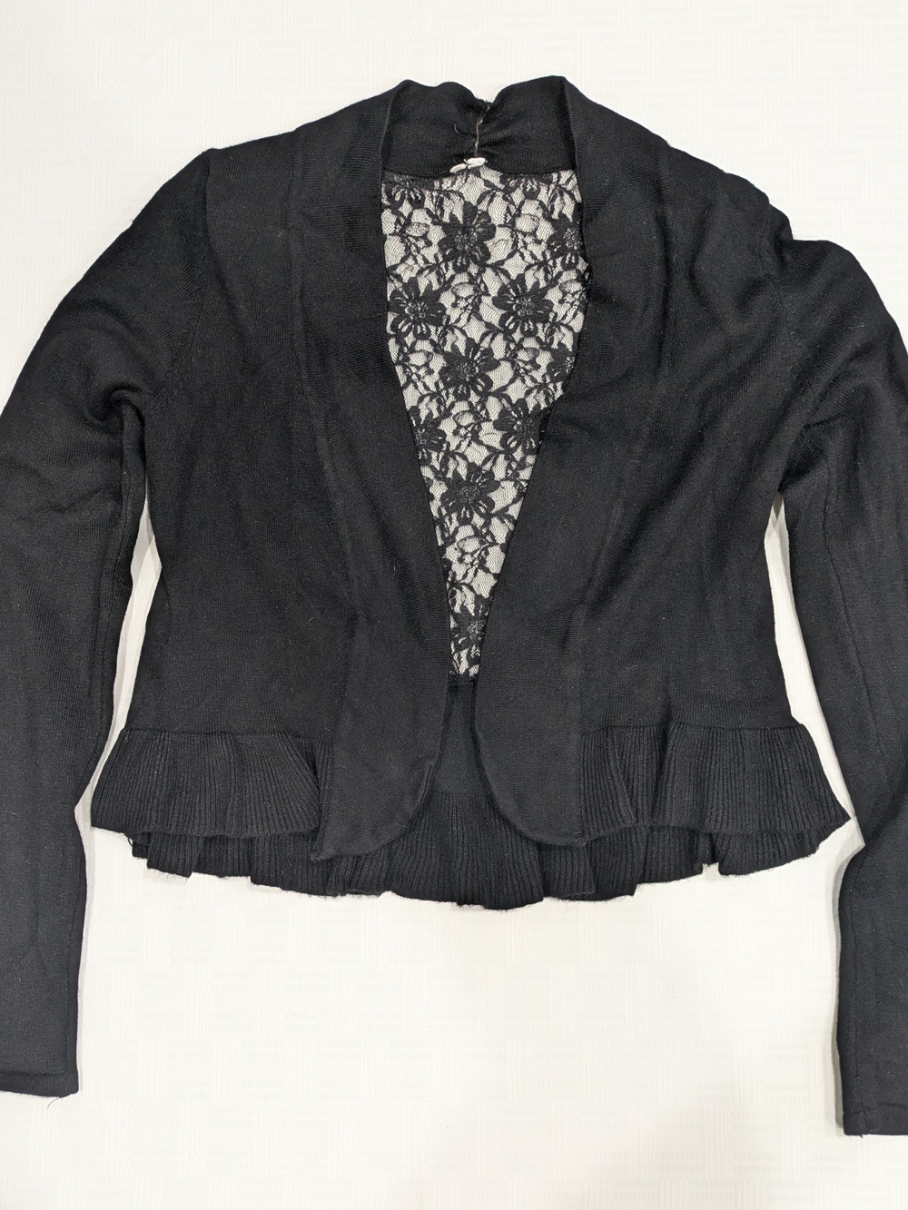 Express Women’s Black Open Front Cardigan Ruffle Hem Lace Back Top Size Small